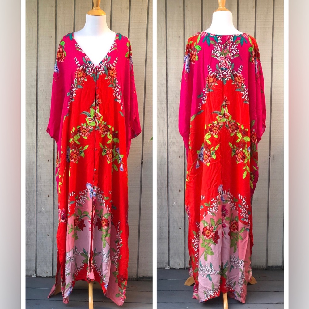 Johnny Was Nanya Pink Red Floral V-neck Button Up Boho Relaxed Maxi Kaftan L/XL